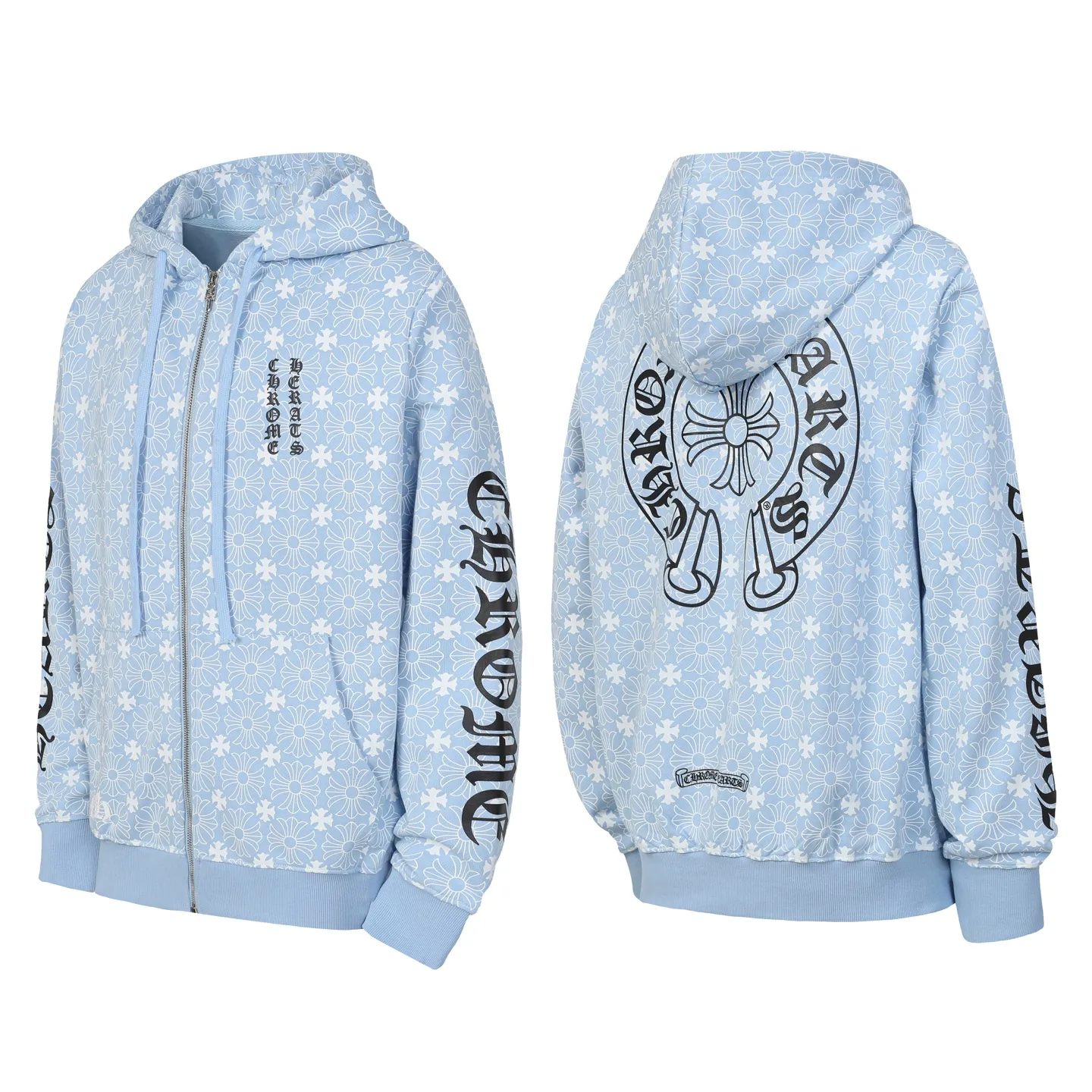 P300 cross-border model, please do not place an order if you are pursuing quality - Chrome Hearts/Chrome Hearts Sanskrit Dark Pattern Horseshoe Sanskrit Cross ✝️ Printed Zipper Sweater Cardigan Jacket - High weight, high density and high quality. The wool is soft, delicate and skin-friendly. It feels soft and silky. It has excellent warmth and skin-friendly properties. - Custom-woven and custom-dyed, no color difference. No matter the fabric or workmanship details, it beats the ordinary version on the market. - Hardware zipper accessories are all customized and full of details. -Colour: Black White Blue -Size: S M L XL